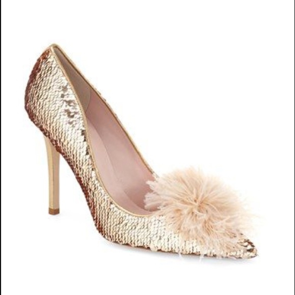 Kate Spade Gold Sequin Lexa Feather Pom Pom Pumps